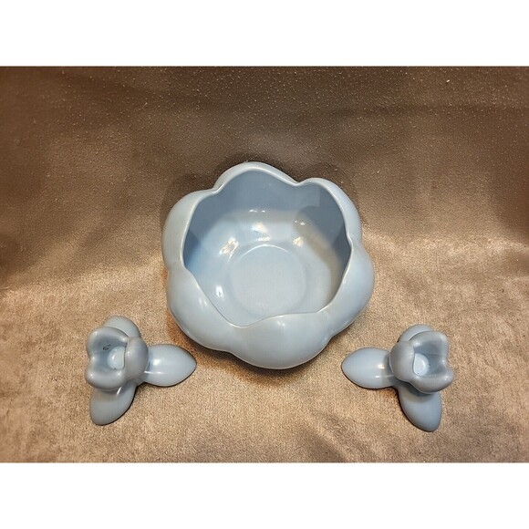 Vintage CAMARK Bowl Planter & 2 Candle Holders Aqua Blue Lotus Flower MCM Retro - Picture 2 of 16